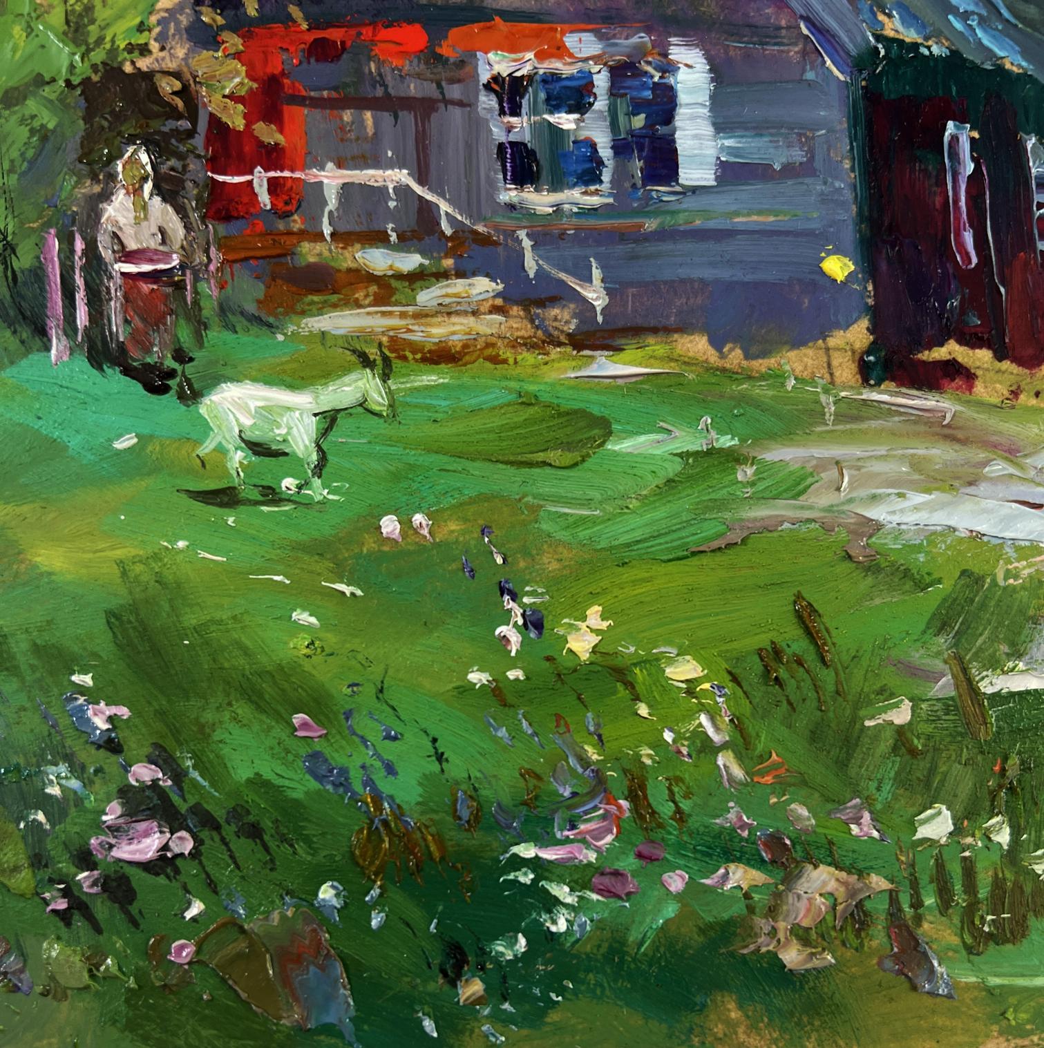 Oil painting of white goat in green field with wildflowers by Yuriy Suprunchuk