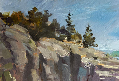 Textured oil painting of rocky cliffside with evergreens by Yuriy Suprunchuk