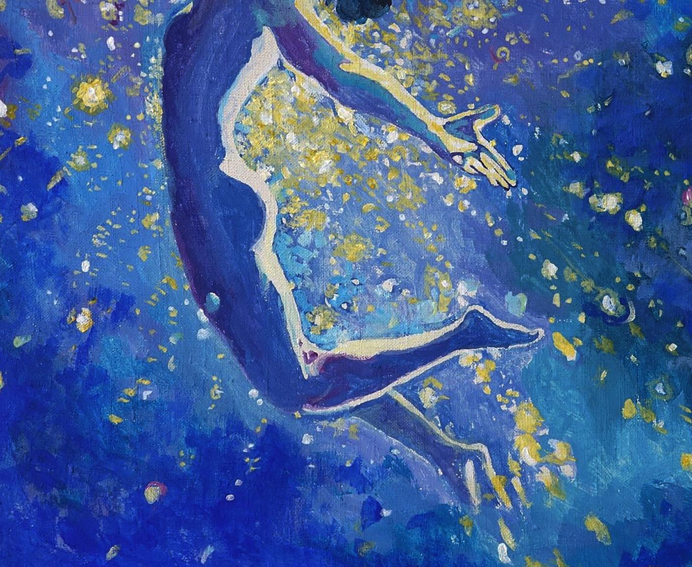 Vibrant blue gold Acrylic painting Flight to the Dream by Anatoly Varvarov