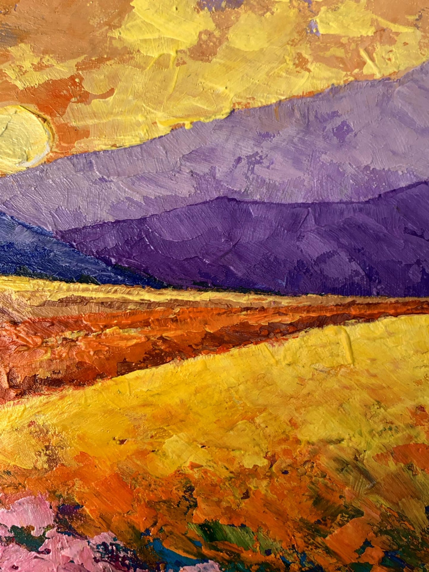 Vibrant impressionist oil painting Sun over the mountains by V. Zadorozhnya