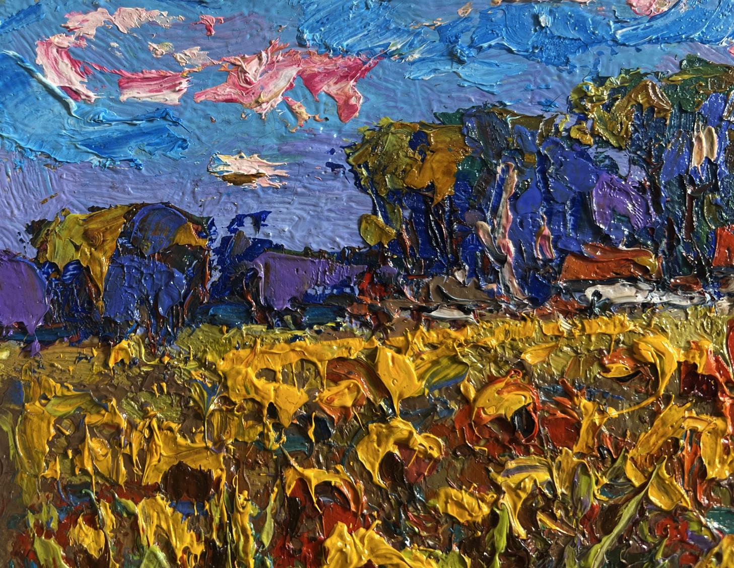 Vibrant impressionist oil painting of sunflower field by Oksana Ivanyuk