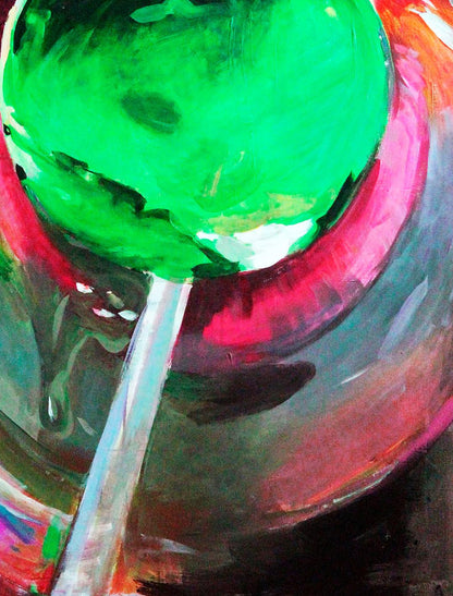 Oil painting of vibrant green Chupa Chups lollipop by Ed Potapenkov