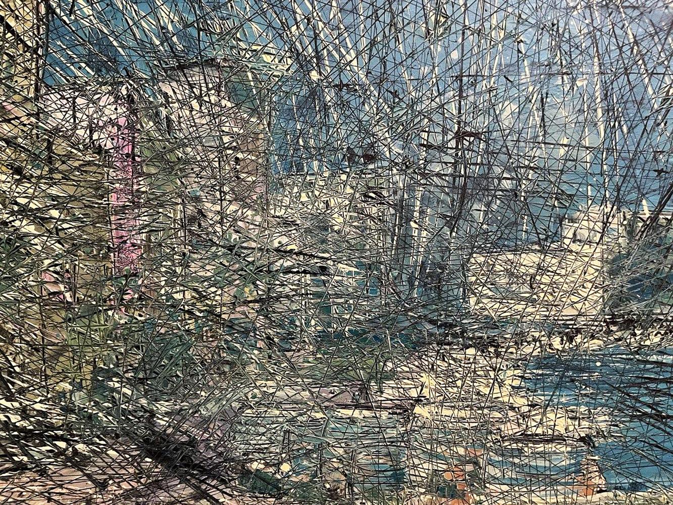 Oil painting Porto by Serhiy Kovalev: chaotic black lines over blurred cityscape