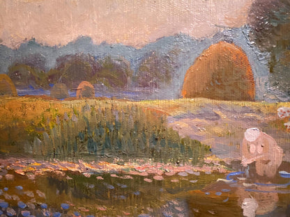 Oil painting The last ray by Maya Zaretskaya with golden hay bales
