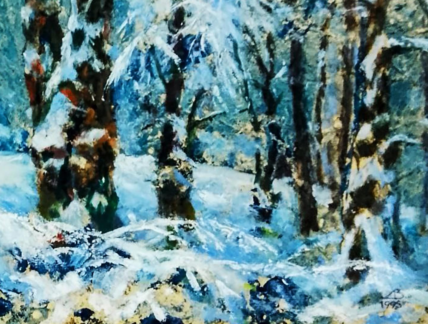 Textured impressionistic oil painting of snowy forest by Vitaly Duhnevich