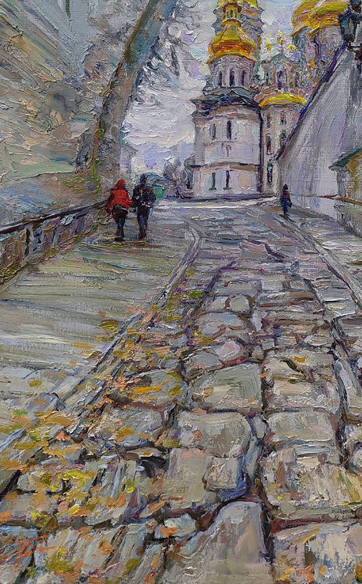 Oil painting The road to the cathedral by Leonid Pavlenko, cobblestone path to golden domes