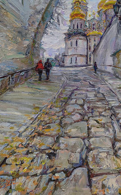 Oil painting The road to the cathedral by Leonid Pavlenko, cobblestone path to golden domes