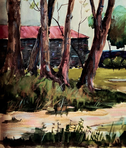 Watercolor painting of secret-keeping forest stone building by Vitaly Duhnevich