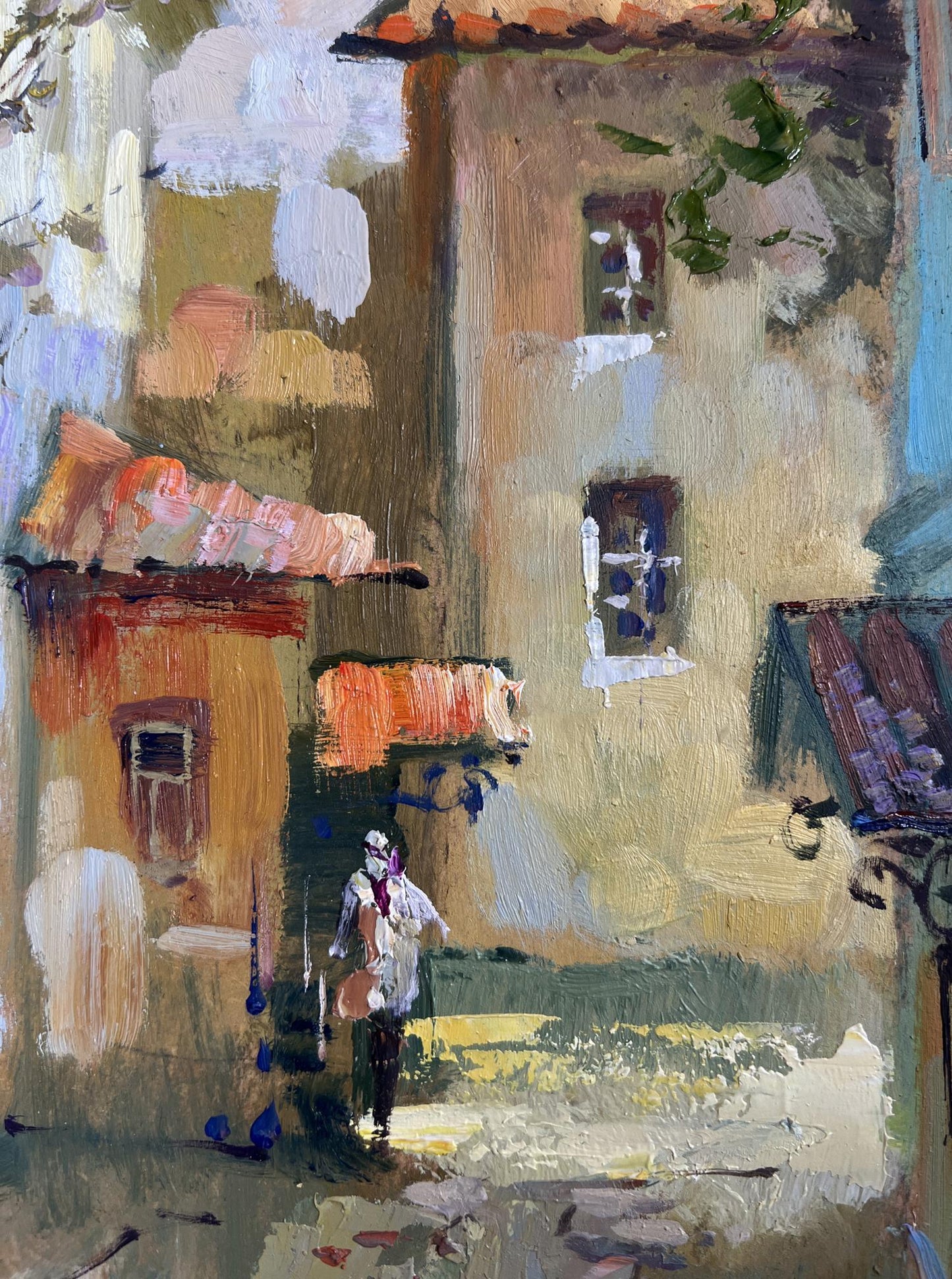Oil painting Fresh air from the streets by Yuriy Suprunchuk: sunlit European alleyway
