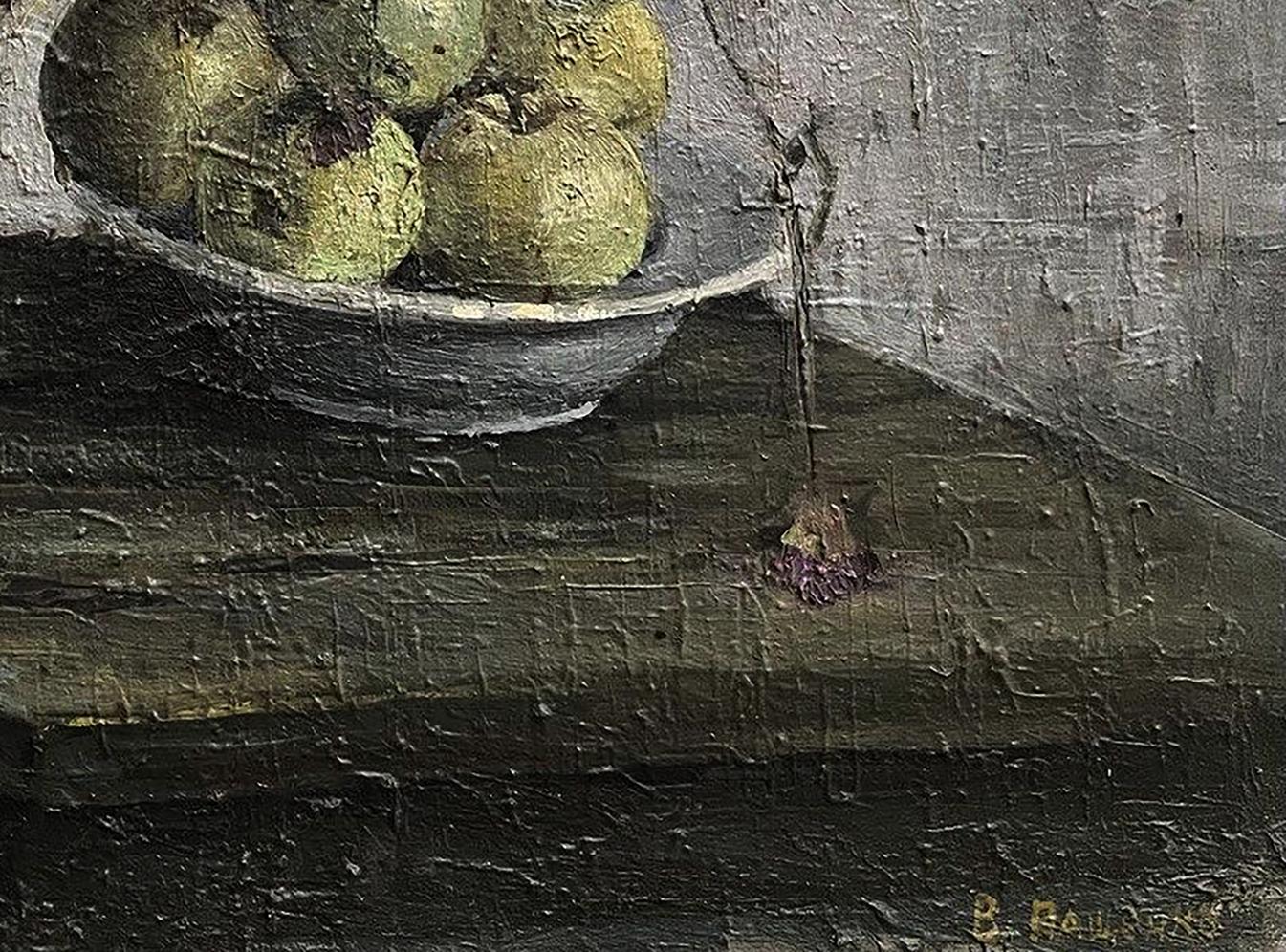 Oil painting by Volodymyr Pashchenko: still life with flowers, textured gray bowl of greenish-yellow rough-skinned apples