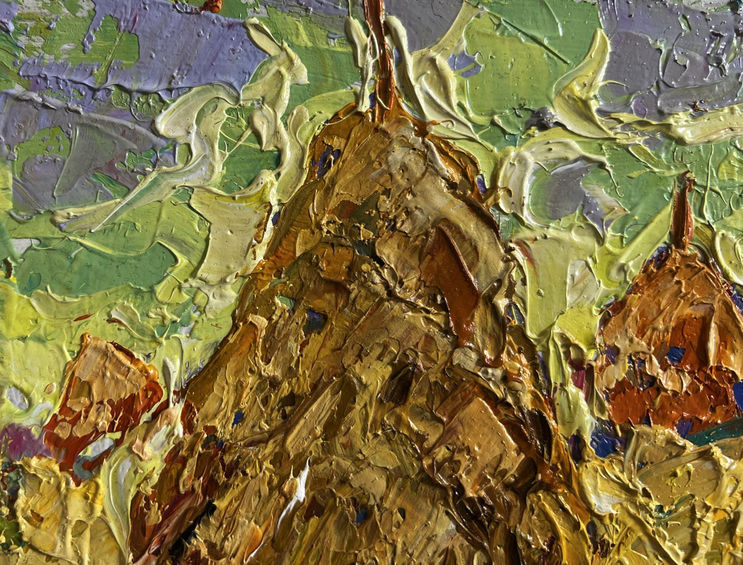 Impasto oil painting of golden-brown pear by Oleksiy Ivanyuk