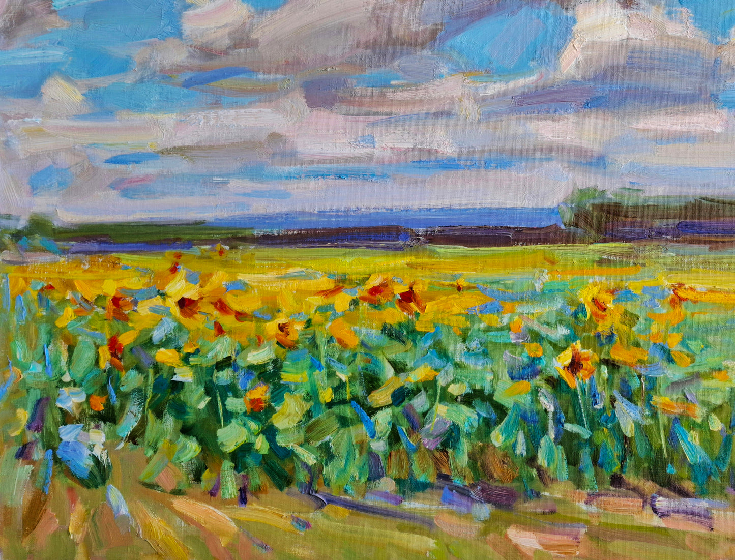 Vibrant yellow sunflowers oil painting by Pereta Vyacheslav in golden field