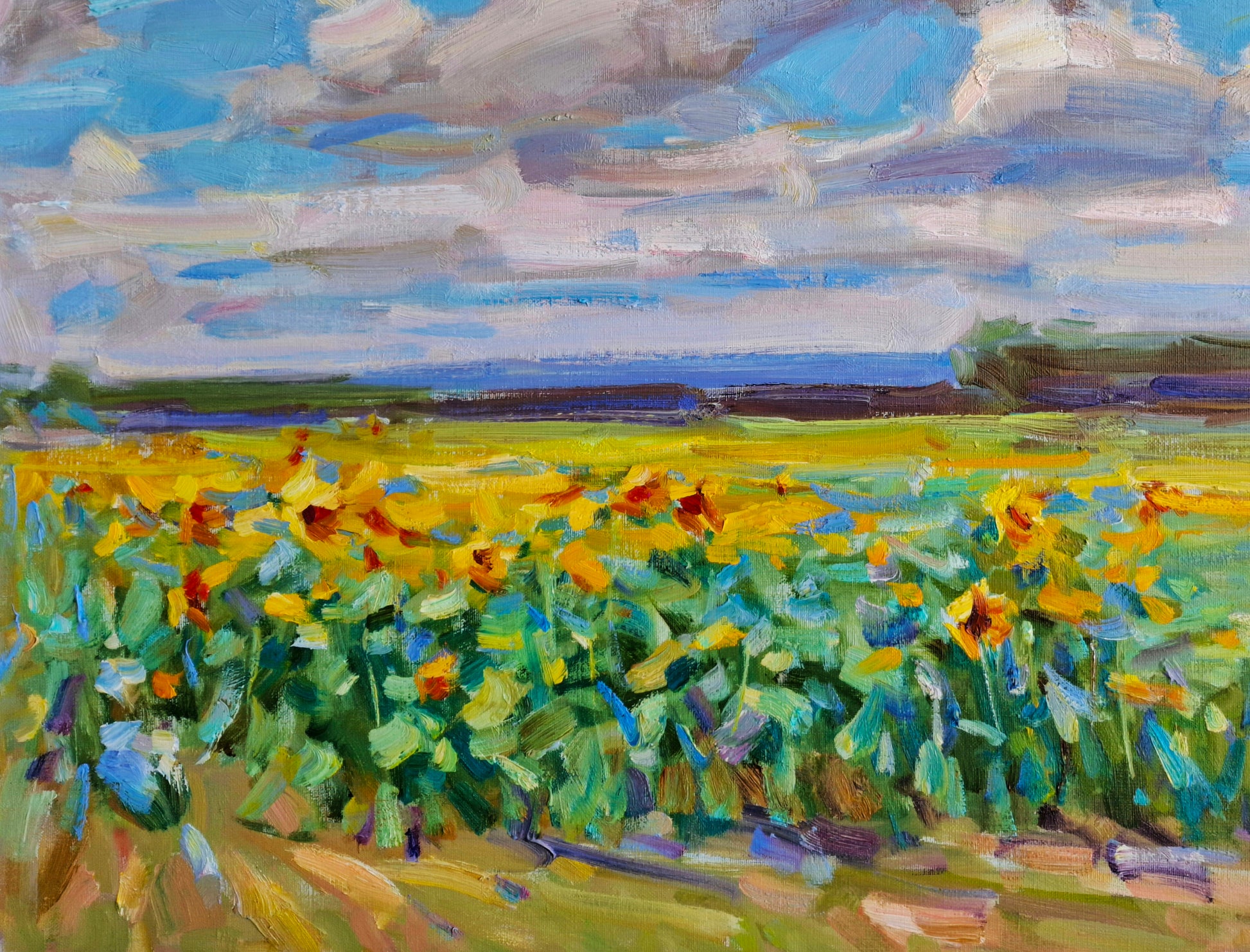 Vibrant yellow sunflowers oil painting by Pereta Vyacheslav in golden field