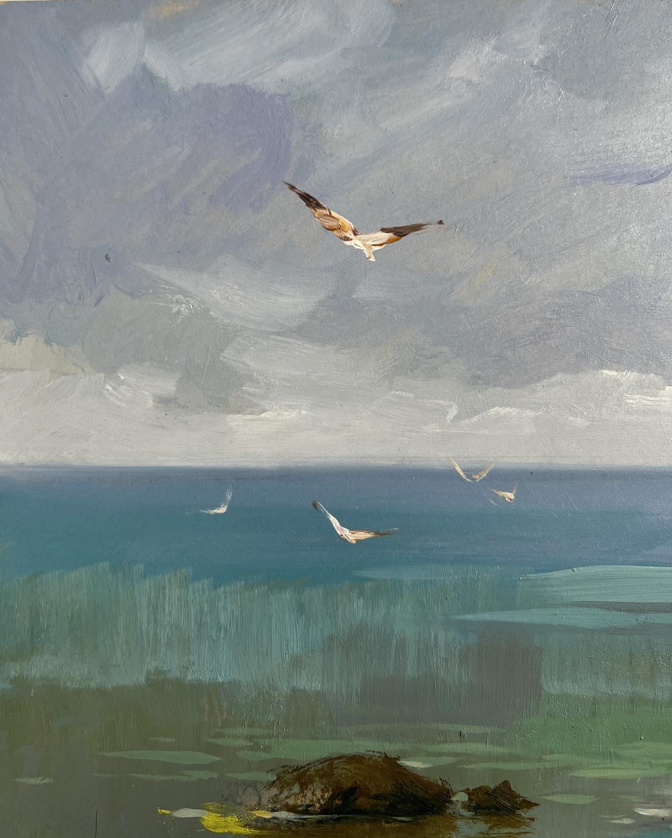 Oil painting of osprey soaring over teal sea, Harbor at foot of hills by Yuriy Suprunchuk
