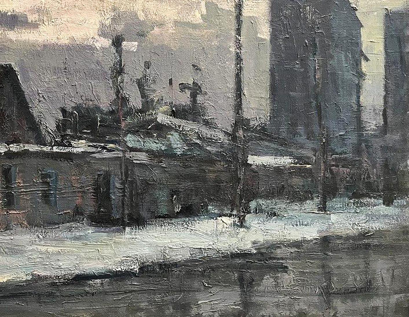 Monochromatic oil painting of snowy street by Volodymyr Pashchenko