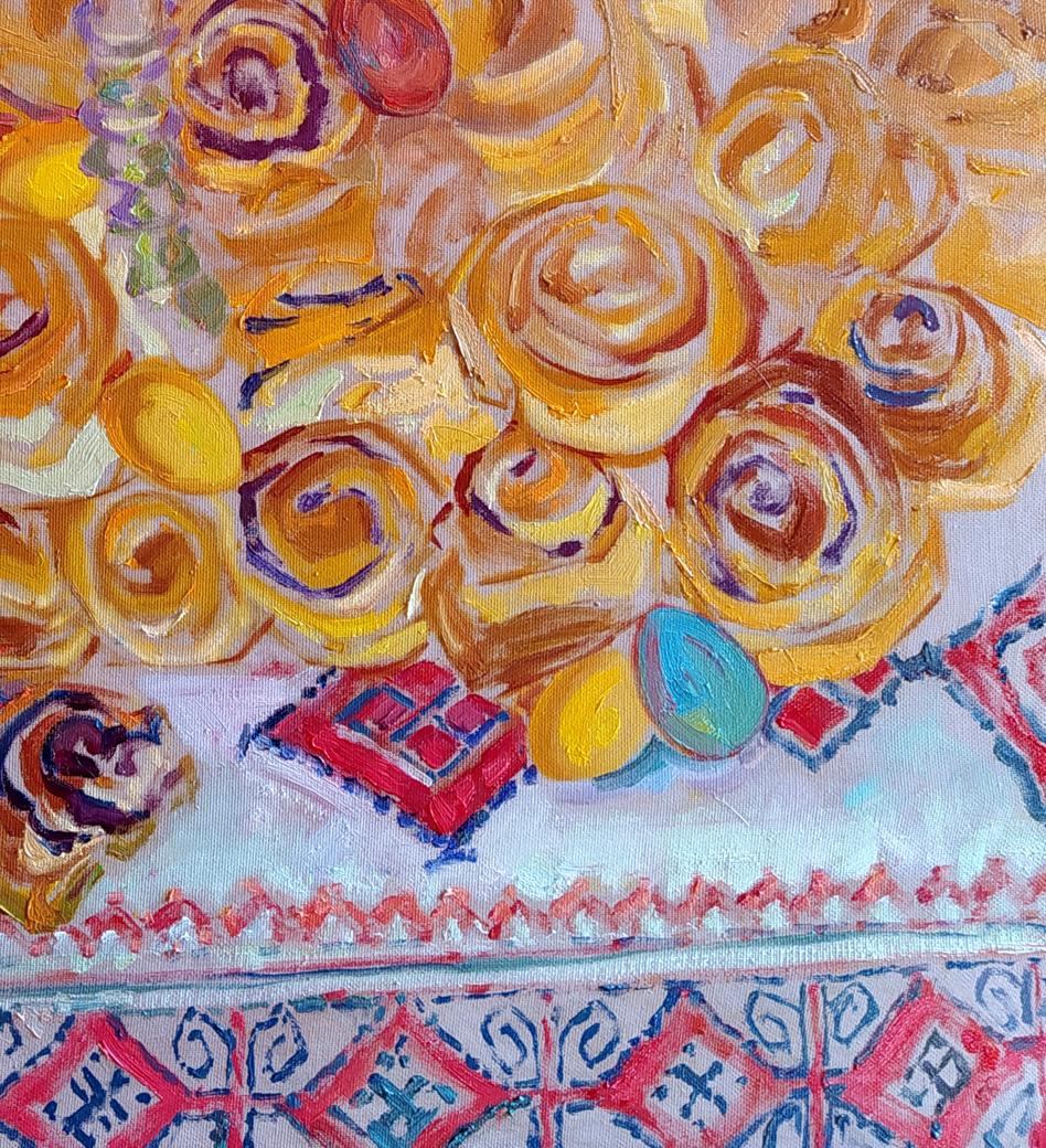 Oil painting Easter still life by Leonid Pavlenko: golden-yellow roses