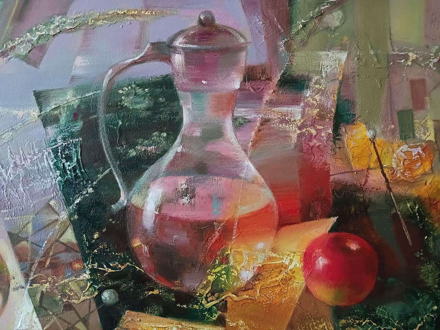 Translucent glass pitcher with metallic lid in pink liquid, Golden Day by Anatoly Tarabanov