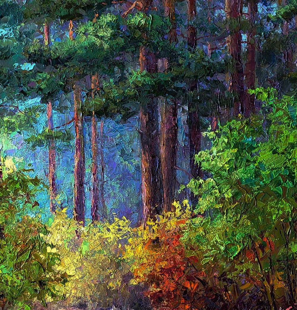 Vibrant impressionist oil painting of autumn forest beginning by Boris Serdyuk