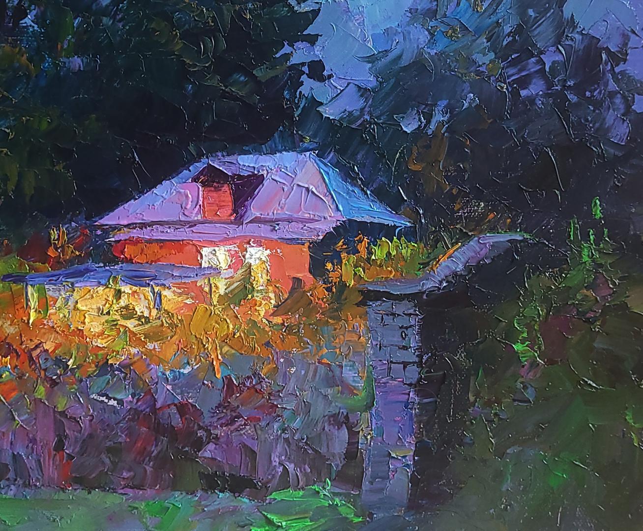 Oil painting Evening by Boris Serdyuk: impressionist cottage with purple roof