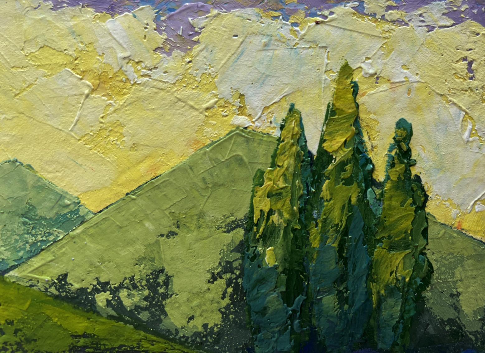 Oil painting Sunset behind forest mountains by V. Zadorozhnya