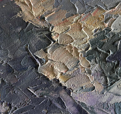 Oil painting Before the Rain by Boris Serdyuk, abstract impasto in gray, gold, earth tones