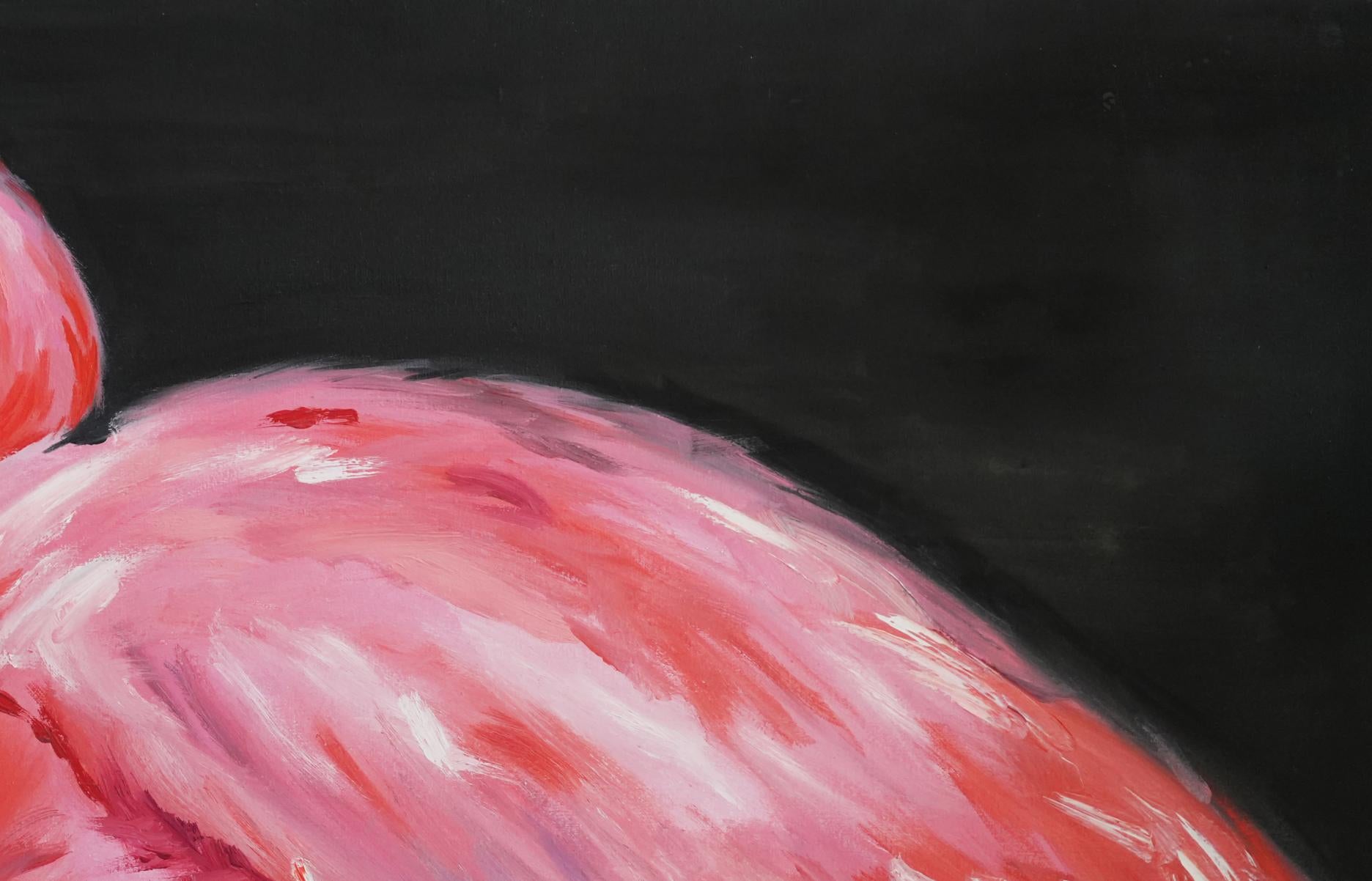 Oil painting of vibrant pink flamingo by Victoria Kagalovska