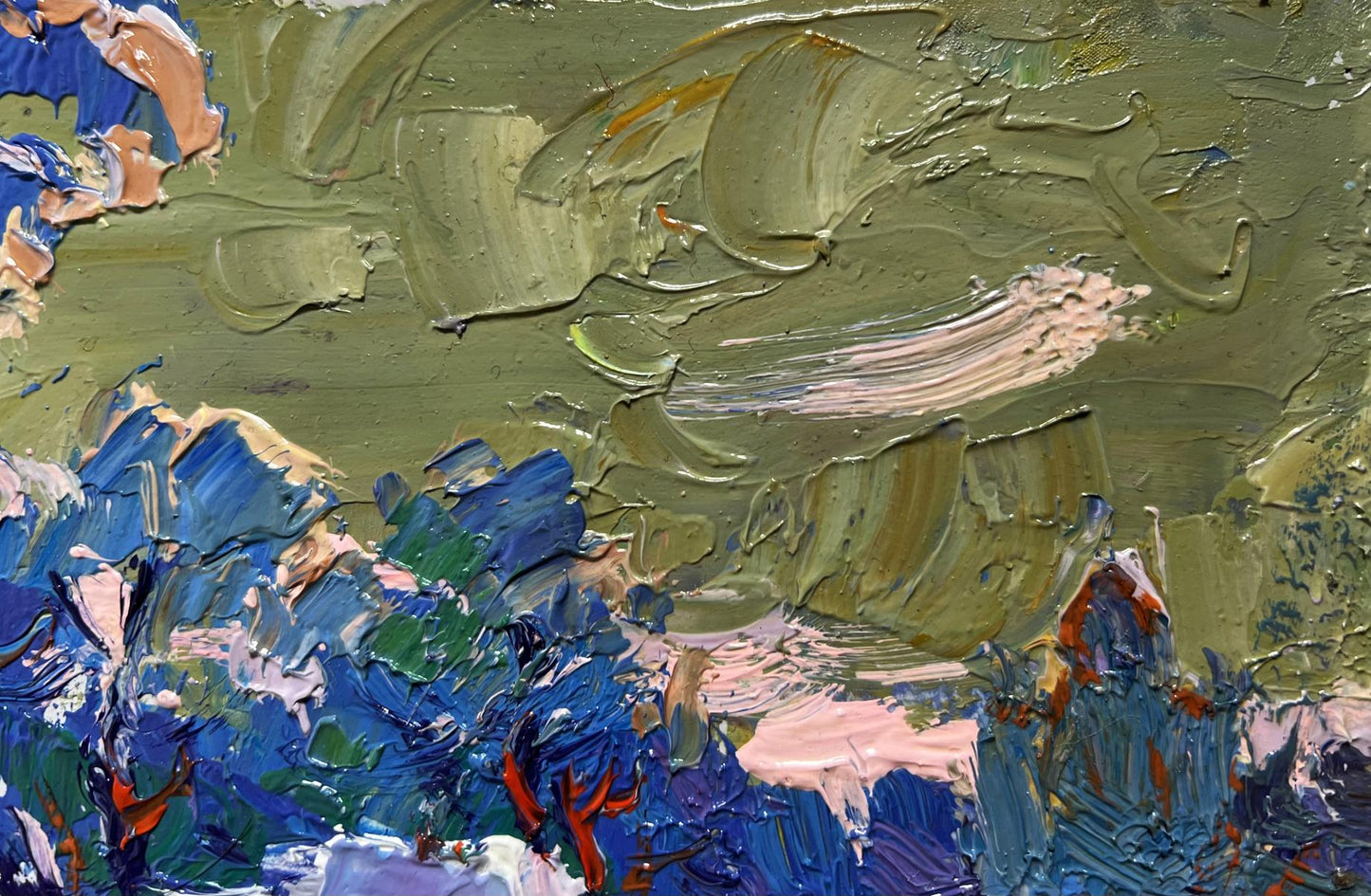 Oil painting of snowy village by Oksana Ivanyuk in green, blue, pink brushstrokes