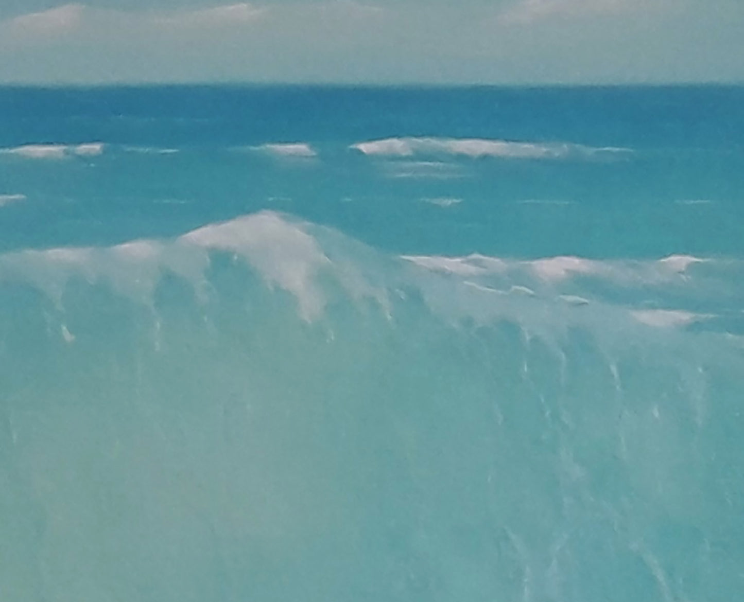 Turquoise ocean waves cresting under pale blue sky by Vasily Korkishko oil painting