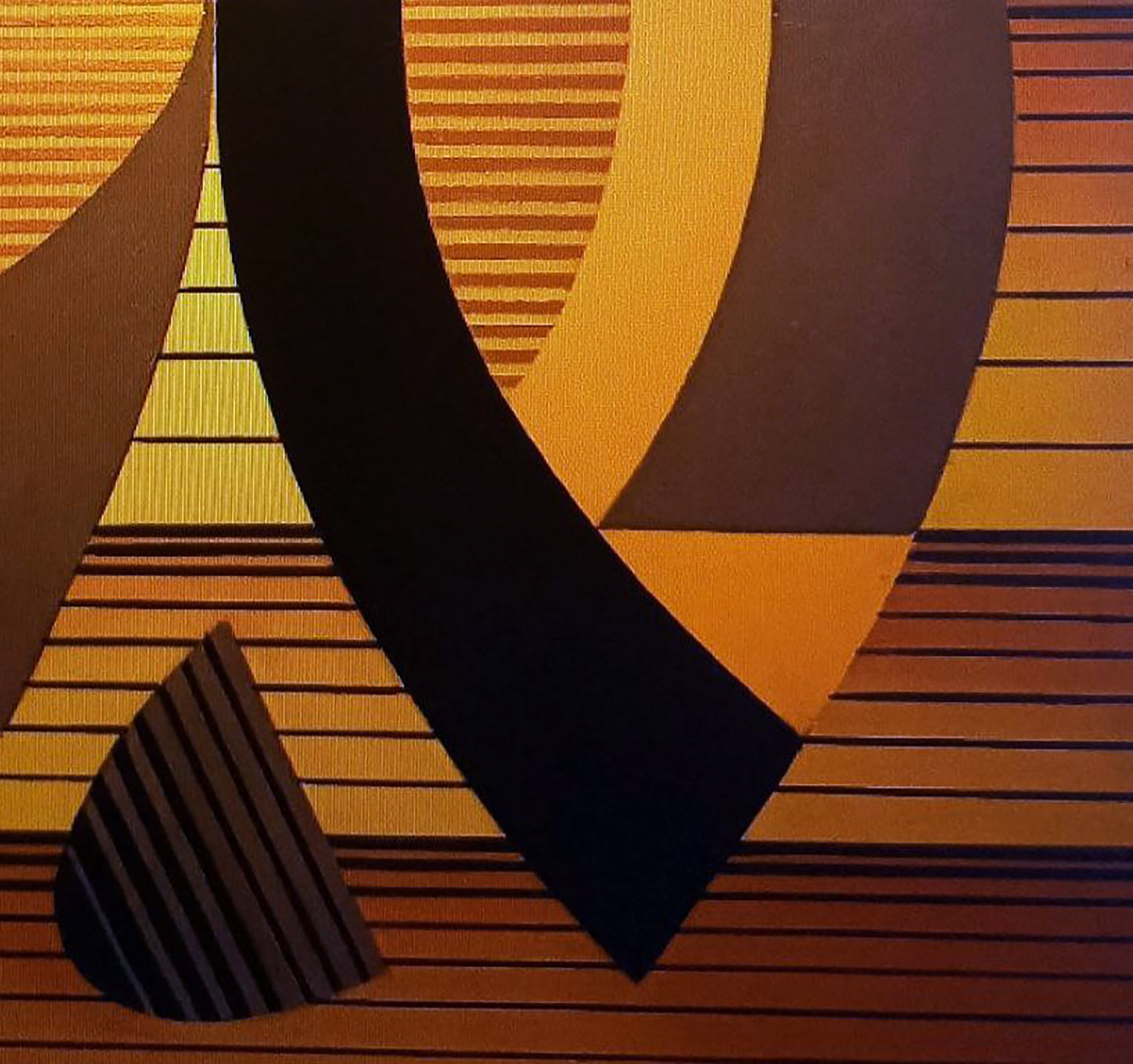 Oil painting Resonance of Shapes by Alexander Strashevich, abstract geometric black, mustard yellow, brown shapes, stripes, textured canvas