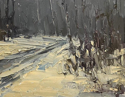 Oil painting In the winter forest by Volodymyr Pashchenko textured path through dark trees
