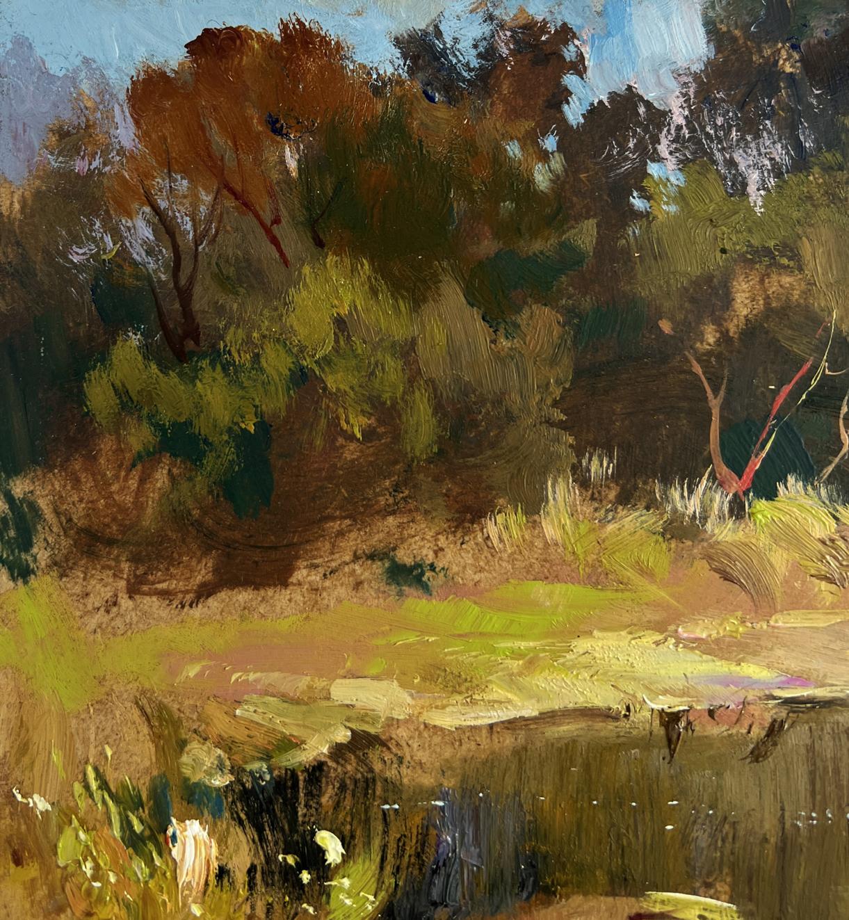 Oil painting of forested landscape preparing for boat trip by Yuriy Suprunchuk