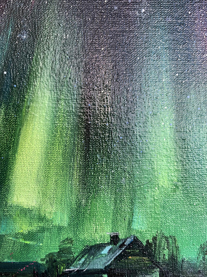 Oil painting Northern lights by Tatyana Derdey: vibrant green auroras over rustic house