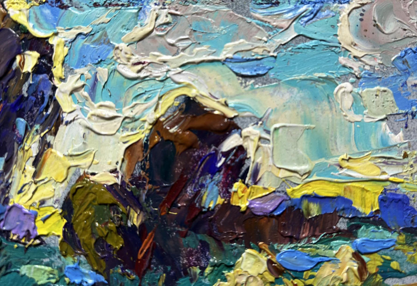 Oil painting of plowed field and haystacks by Oleksiy Ivanyuk