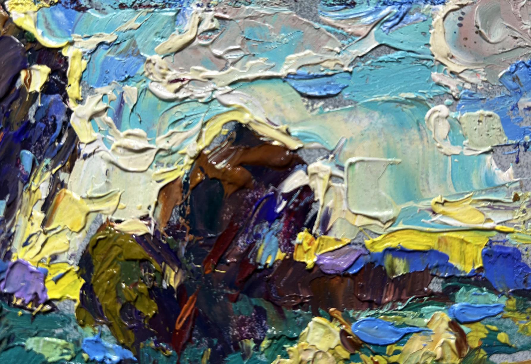 Oil painting of plowed field and haystacks by Oleksiy Ivanyuk