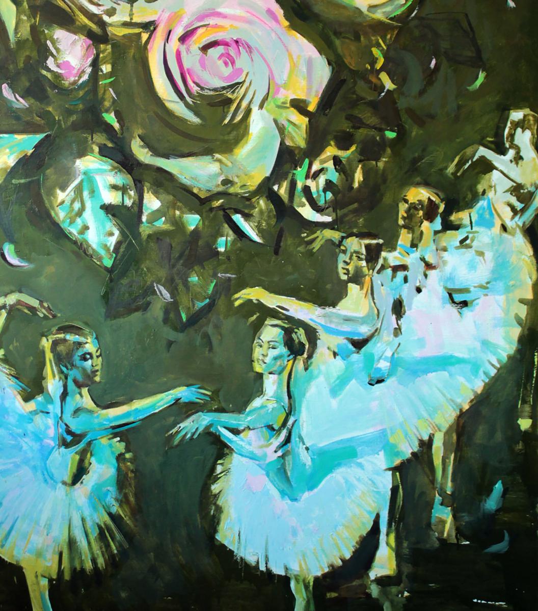 Oil painting Ovation Ed Potapenkov: ballerinas in blue tutus, floral swirls