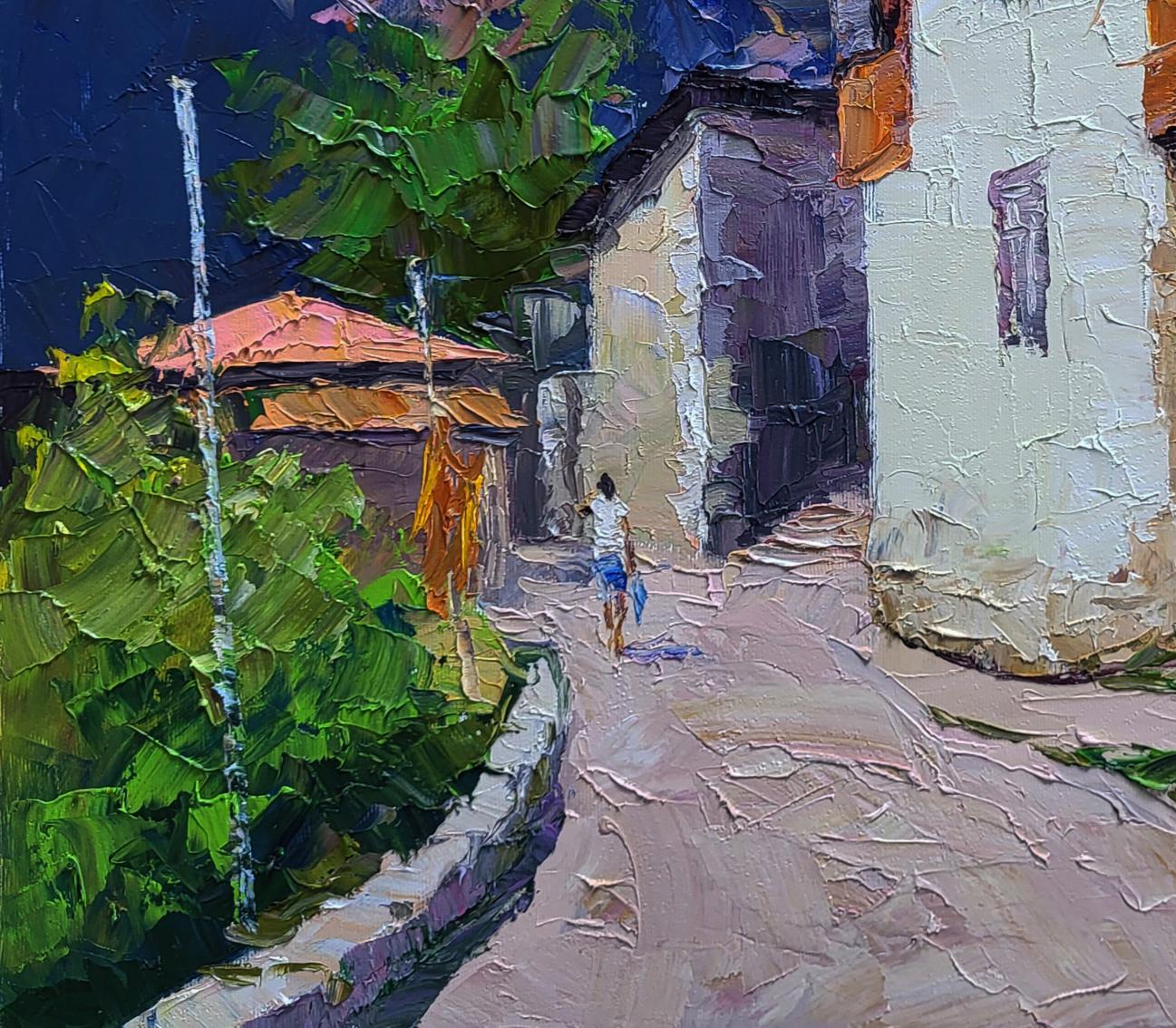 Oil painting by Boris Serdyuk: impressionist village alley with figure