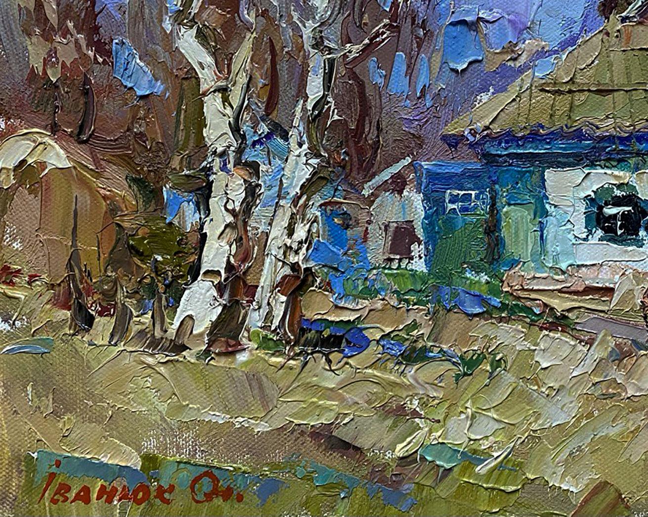 Vibrant impressionist oil painting of birch trees and blue house by Oleksiy Ivanyuk