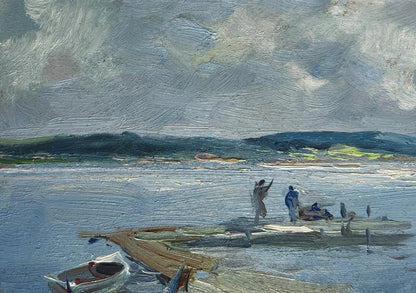 Oil painting Fishing on the Ferry by Yuriy Suprunchuk coastal scene