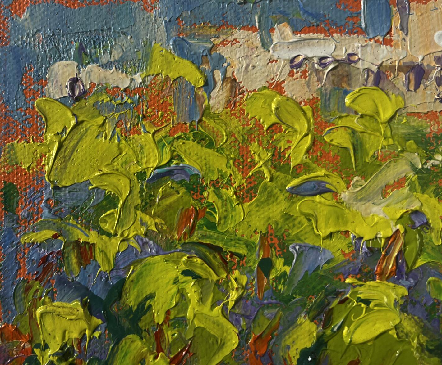 Oil painting Spring city in shade of trees by Oleksiy Ivanyuk with vibrant green textured leaves