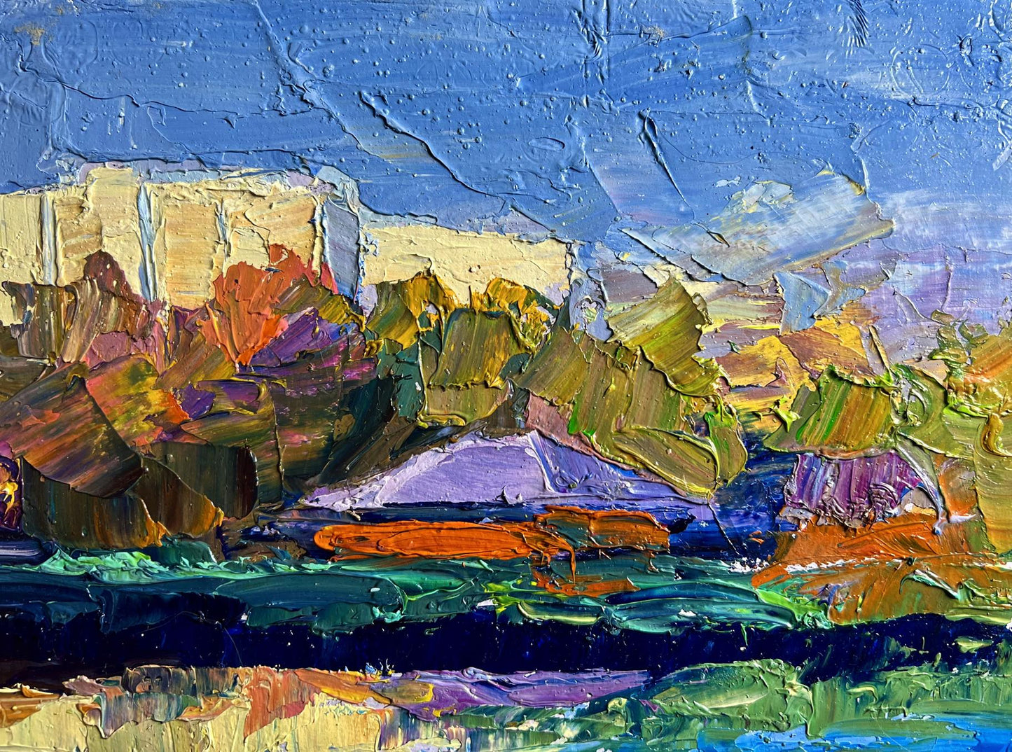 Oil painting Overlooking the city river by Boris Serdyuk with orange boat