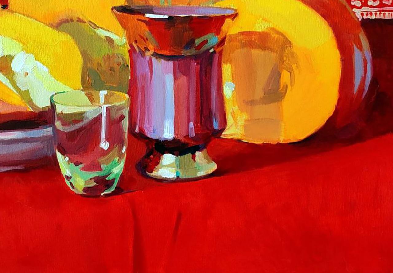 Oil painting still life with vibrant red glass vase, pumpkin and drink by Anastasia Yaroshevich