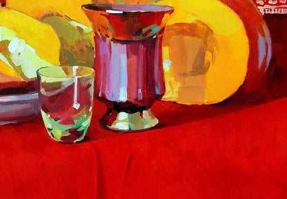 Oil painting still life with vibrant red glass vase, pumpkin and drink by Anastasia Yaroshevich