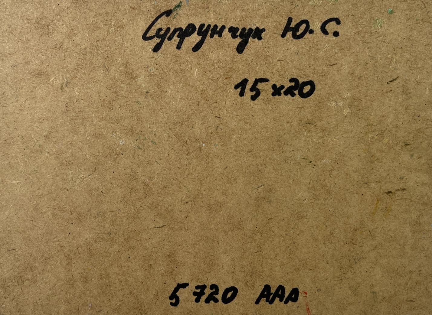 Back of Yuriy Suprunchuk oil painting City bridge with handwritten Suprunchuk Yu marking