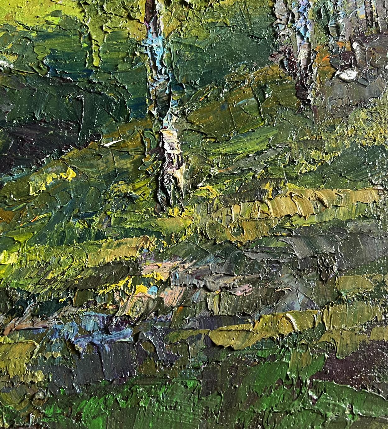 Oil painting Sunny day in birch forest by Boris Serdyuk with impasto strokes