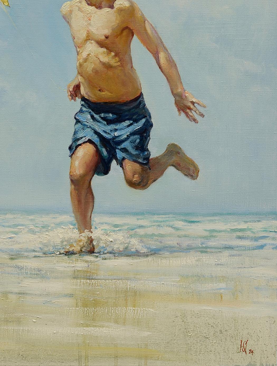 Shirtless man running through waves in Sunny Island oil painting by Oleg Kateryniuk