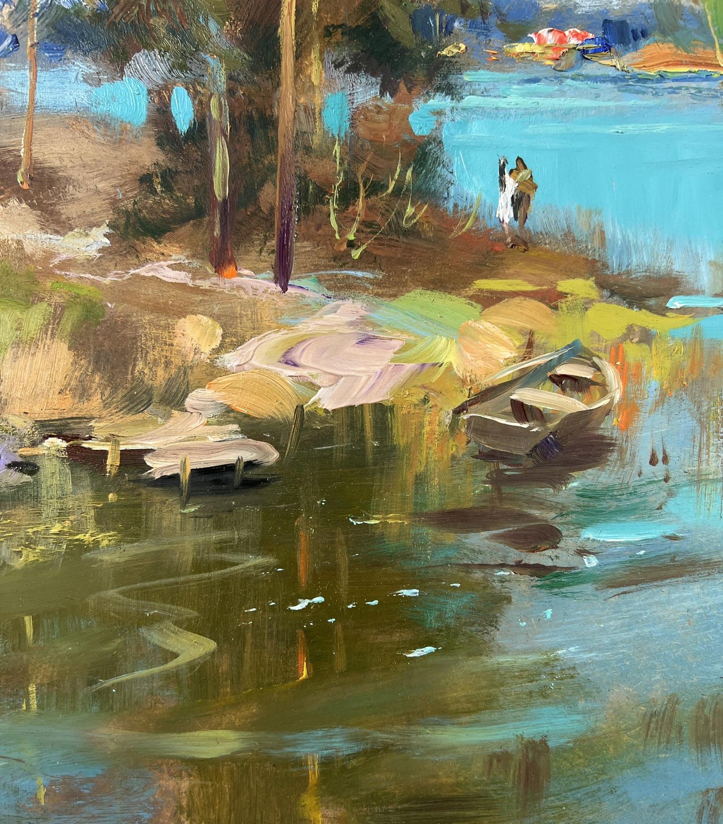 Oil painting by Yuriy Suprunchuk: rowboat on riverbank by dock