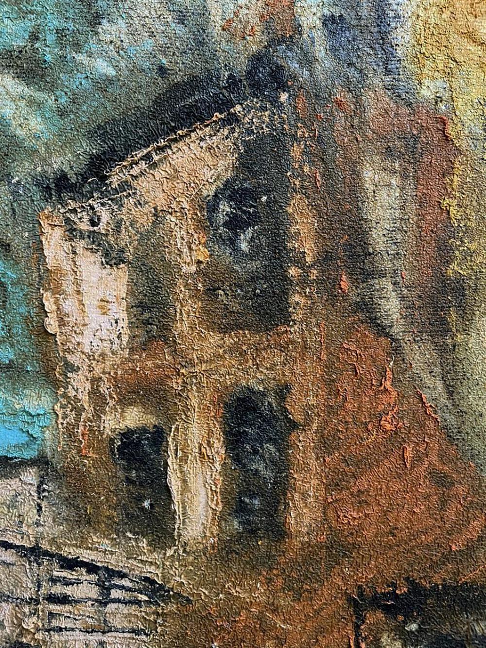 Oil painting Contrary to by Serhiy Kovalev: weathered building with peeling paint