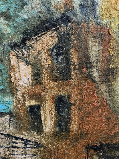 Oil painting Contrary to by Serhiy Kovalev: weathered building with peeling paint