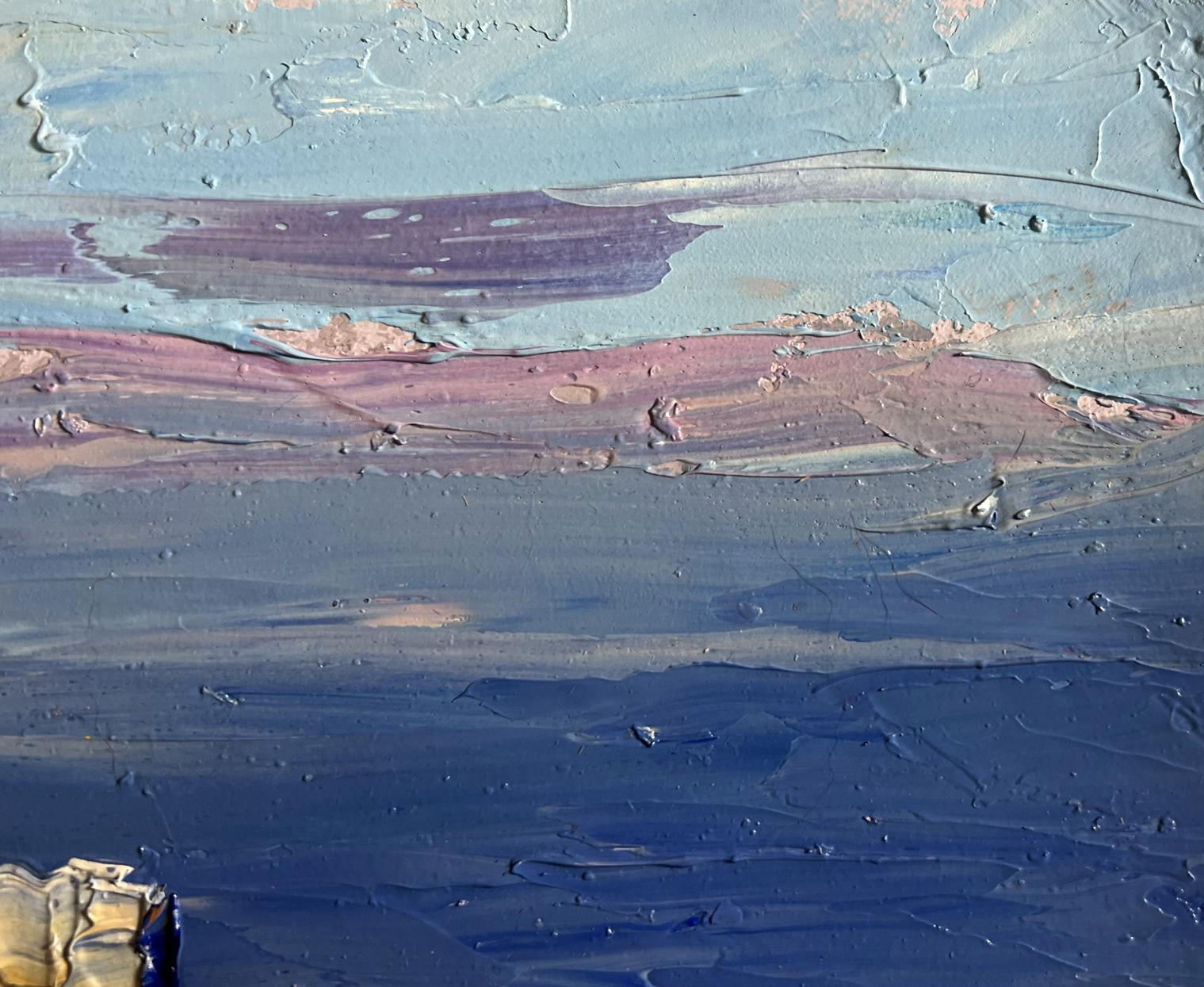 Abstract oil painting On the sea coast by Boris Serdyuk with blue textured layers