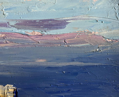Abstract oil painting On the sea coast by Boris Serdyuk with blue textured layers